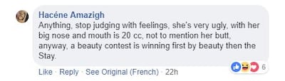 Another vile comments targeting Miss Algeria 2019. Facebook