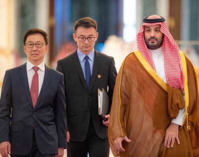 Saudi Crown Prince Mohammed bin Salman receives Chinese Vice President Han Zheng at Al Yamamah Palace in Riyadh. Photo: Saudi Ministry of Foreign Affairs
