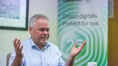 Eugene Kaspersky, chief executive of Kaspersky Lab, talks to 'The National' at Gitex Technology Week in Dubai. Leslie Pableo / The National