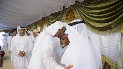 Sheikh Mohammed bin Zayed, Crown Prince of Abu Dhabi and Deputy Supreme Commander of the Armed Forces, offers condolences to the family of martyr Omar Rashed Al Meqbali, who died in the line of duty while serving in Operation Restoring Hope in Yemen. Saeed Al Neyadi / Crown Prince Court - Abu Dhabi