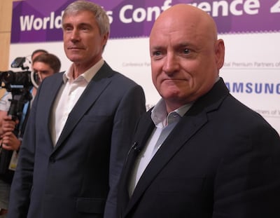 Veteran astronauts Sergei Krikalev, left, and Scott Kelly at the WorldSkills Kazan 2019 conference last month. James Langton / The National