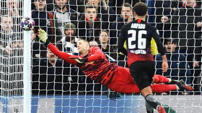 Leipzig goalkeeper Peter Gulasci in action. EPA