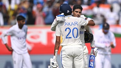 Shubman Gill celebrates his century with batting partner Axar Patel in Visakhapatnam. Getty Images