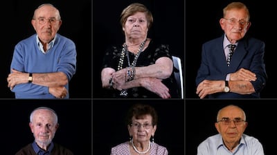 Top L to R: Holocaust survivor Szmul Icek, Holocaust survivor Malka Zaken, 91, Holocaust survivor Shmuel Blumenfeld, 94, Bottom L to R: Holocaust survivor Saul Oren, Holocaust survivor Batcheva Dagan, and Holocaust survivor Menahem Haberman, 92. Menahem Kahana / AFP