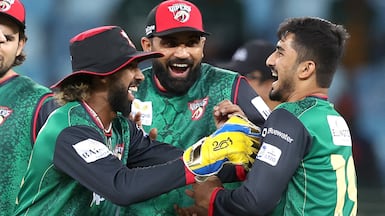 Vriitya Aravind, left, was given only 10 minutes' notice that he would play in Sunday's ILT20 final after Andries Gous succumbed to injury. Photo by CREIMAS / ILT20