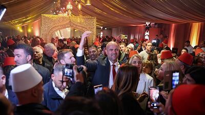 Knesset Speaker Amir Ohana (center) celebrates Mimouna, a traditional Maghrebi Jewish event at the Knesset Plaza in Jerusalem. Photo: Knesset