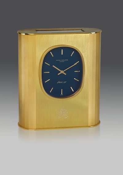 A Patek Philippe desk clock featuring the UAE crest. Photo: Christie's