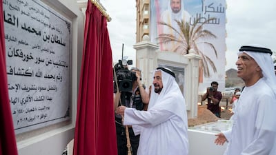 The Ruler of Sharjah laying the foundation stone of the Maritime Academy and unveiling a number of monuments and archaeological buildings in Khor Fakkan.