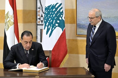 Egypt's Prime Minister Mostafa Madbouly, left, with Lebanese Prime Minister Nawaf Salam in Beirut. The EPA