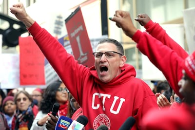 Chicago Teachers Union President Jesse Sharkey cheers during a rally on the first day of a teacher strike in Chicago in 2019. Unionisation may be picking up steam again. Reuters