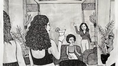 Rama Duwaji's 'Nights', depicting members socialising inside the club. Courtesy the artist and The Arts Club Dubai