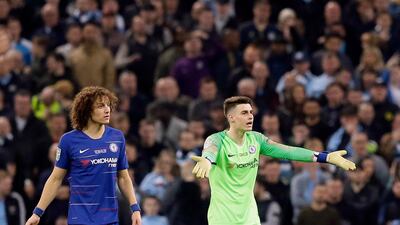 Chelsea goalkeeper Kepa Arrizabalaga, right, with David Luiz, has not been told if he is playing on Wednesday or not yet. AP Photo