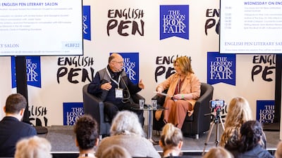 Ukrainian author Andrey Kurkov and journalist Georgina Godwin discuss 'Dialogues on War'. Photo: London Book Fair