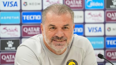 Al Nassr coach Ange Postecoglou speaking at the press conference ahead of their Champions League clash away to Al Ain. Pawan Singh for The National