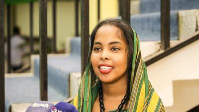 Somalian scriptwriter and actress Kaif Jama speaks to media ahead of the first screening of Somali films at The Somali National Theatre.