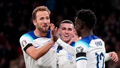 Harry Kane, left. celebrates after scoring their England's second goal in their Euro 2024 qualifer against Malta at Wembley Stadiumon November 17, 2023. PA
