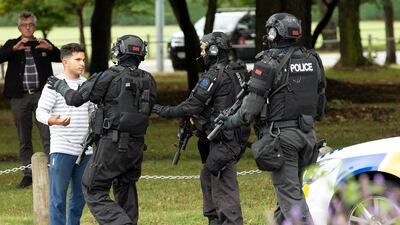 Armed Offenders Squad push back members of the public following the Christchurch shooting at the Masjid Al Noor on Deans Avenue, New Zealand, March 15, 2019. EPA