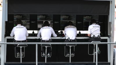 Mercedes team members on the pit wall during practice. Reuters