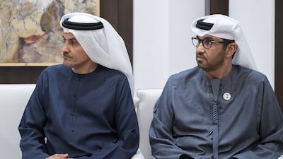 Ali Mohamed Hammad Al Shamsi, Secretary General of the UAE Supreme Council for National Security, left, and Dr Sultan bin Ahmed Al Jaber, UAE Minister of Industry and Advanced Technology, Group CEO of Adnoc and chairman of Masdar