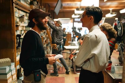 Writer-director Josh Sadfie, left, and actor Timothee Chalamet on the set of Marty Supreme. Photo: A24