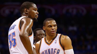 Kevin Durant, left, and Russell Westbrook, need more support from their Oklahoma City Thunder teammates. Ronald Martinez / Getty Images