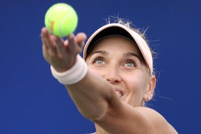 Elena Vesnina of Russia prepares to serve against Jelena Ostapenko of Latvia at the WTA Dubai Duty Free Tennis Championships. Mahmoud Khaled/EPA