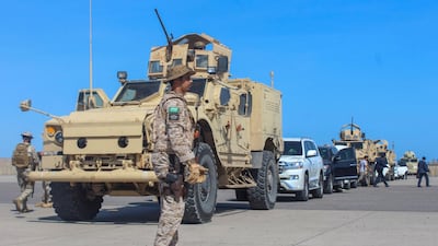 Saudi forces stand guard during the Yemeni prime minister's return to Aden on November 18, 2019 as part of a power-sharing deal with the Southern Transitional Council. AFP