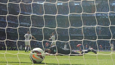 Oier Olazabal of Granada reacts after allowing Cristiano Ronaldo's third goal, Madrid's fourth, in a 9-1 defeat to the hosts at the Santiago Bernabeu on Sunday. Denis Doyle / Getty Images