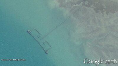 Photo of fishing weirs seen in the Arabian Gulf seen on Google Earth. Photo courtesy of Google Earth