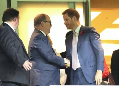 Prince Harry shakes hands with Albert II, Prince of Monaco during the Rugby World Cup 2019 Final. Getty Images