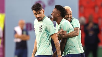 Neymar jokes with teammates Vinicius Junior and Lucas Paqueta. Getty