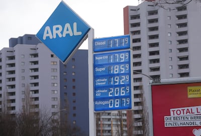 A petrol station in Berlin, Germany. Inflation in the eurozone hit a 40-year high last year, driven by a 41.9 per cent jump in energy costs. Getty Images