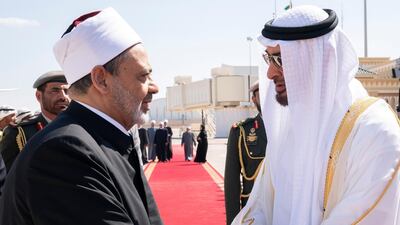 Sheikh Mohamed bin Zayed bids farewell to the Grand Imam of Al Azhar, Dr Ahmed Al Tayeb, at the end of his visit to the UAE.