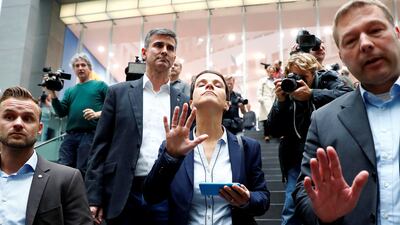 Frauke Petry, chairwoman of the anti-immigration party Alternative fuer Deutschland (AfD leaves a news conference in Berlin, Germany, September 25, 2017. REUTERS/Fabrizio Bensch