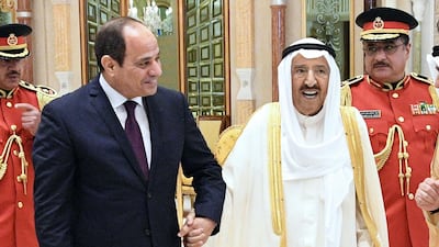 Kuwait's Emir Sheikh Sabah Al Ahmad receives Egyptian President Abdel Fattah El Sisi in Kuwait City on September 1, 2019, weeks after his recovery from health problems. AFP / KUNA