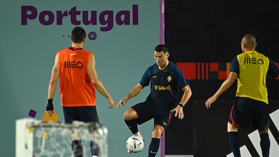 Cristiano Ronaldo of Portugal in action during the training session. Getty