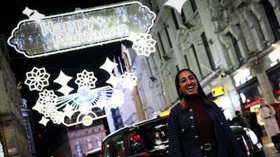 Ramadan lights at Picadilly Circus in London. Some people have questioned the absence of lights to celebrate Easter. Getty