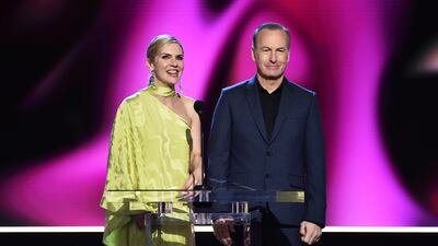 Rhea Seehorn and Bob Odenkirk present an award. AP Photo