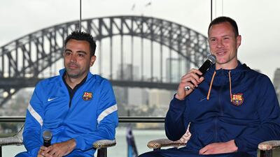 Marc-Andre ter Stegen speaks at a press conference in Sydney alongside Xavi Hernandez. AFP