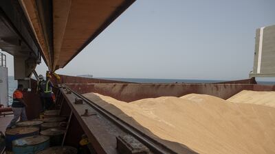 Wheat grain loaded on to a cargo vessel in Ukraine, from where Yemen will receive its first shipment in months. Reuters