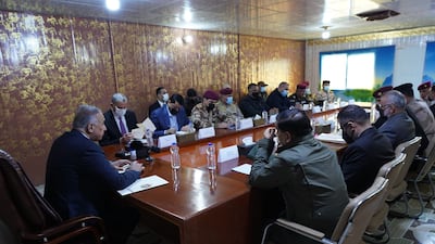Iraqi Prime Minister Mustafa Al Kadhimi meets security officials in Maysan province after the assassination of a judge there in February 2022. Photo: PM office