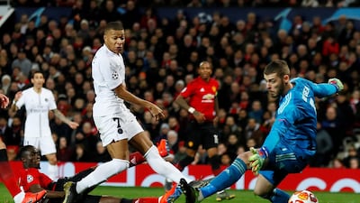 Kylian Mbappe has scored 13 goals in his last 11 Ligue 1 and Champions League matches, including this strike against Manchester United at Old Trafford last month. Reuters