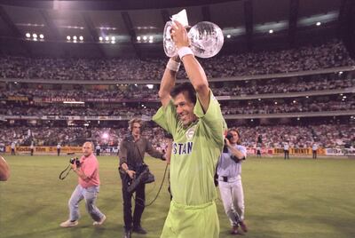 1992: Imran Khan of Pakistan lifts the World Cup after Pakistan beat England in the final at Melbourne.