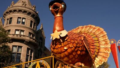 The Macy’s Turkey Float struts his stuffing before the Macy's Thanksgiving Day Parade. AFP