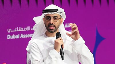 Omar Al Olama, UAE Minister of State for Artificial Intelligence, Digital Economy and Remote Work Applications, speaking during the Dubai Assembly for Generative AI at the Museum of the Future on Wednesday. Pawan Singh / The National