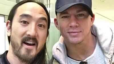 DJ Steve Aoki’s and Channing Tatum’s selfie. Aoki is in Dubai for a show at Eden Beach Club tonight, Thursday, February 5. Courtesy Eden Beach Club