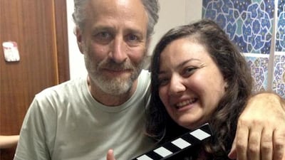 Jon Stewart and Phaedra Dahdaleh. Courtesy Phaedra Dahdaleh