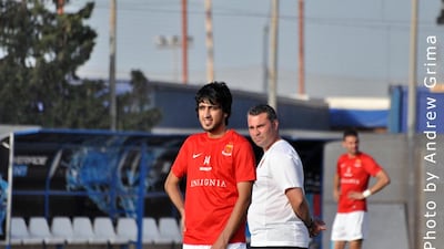 Hamid Al Kamali, left, during a Valletta FC training session prior to their Uefa Champions League qualifier match against Qarabag. Al Kamali came on in the 84th minute to become the first Emirati to play in the Champions League tournament. Courtesy: Andrew Gima