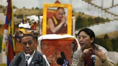 Deputy Speaker of Tibetan parliament in exile, Gyari Dolma, right, and the speaker of the Tibetan parliament in exile, Karma Choephel, left, during talks on Tibet, in Dharamshala, on Nov 17 2008.