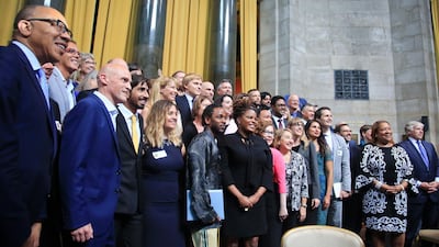 2018 Pulitzer Prize winners pose for pictures during the awards luncheon and ceremony at Columbia University on Wednesday May 30, 2018, in New York. AP
